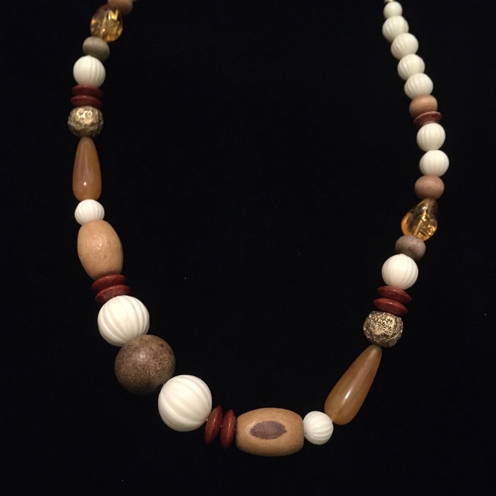 Vintage Brown Tan and White Beaded Necklace